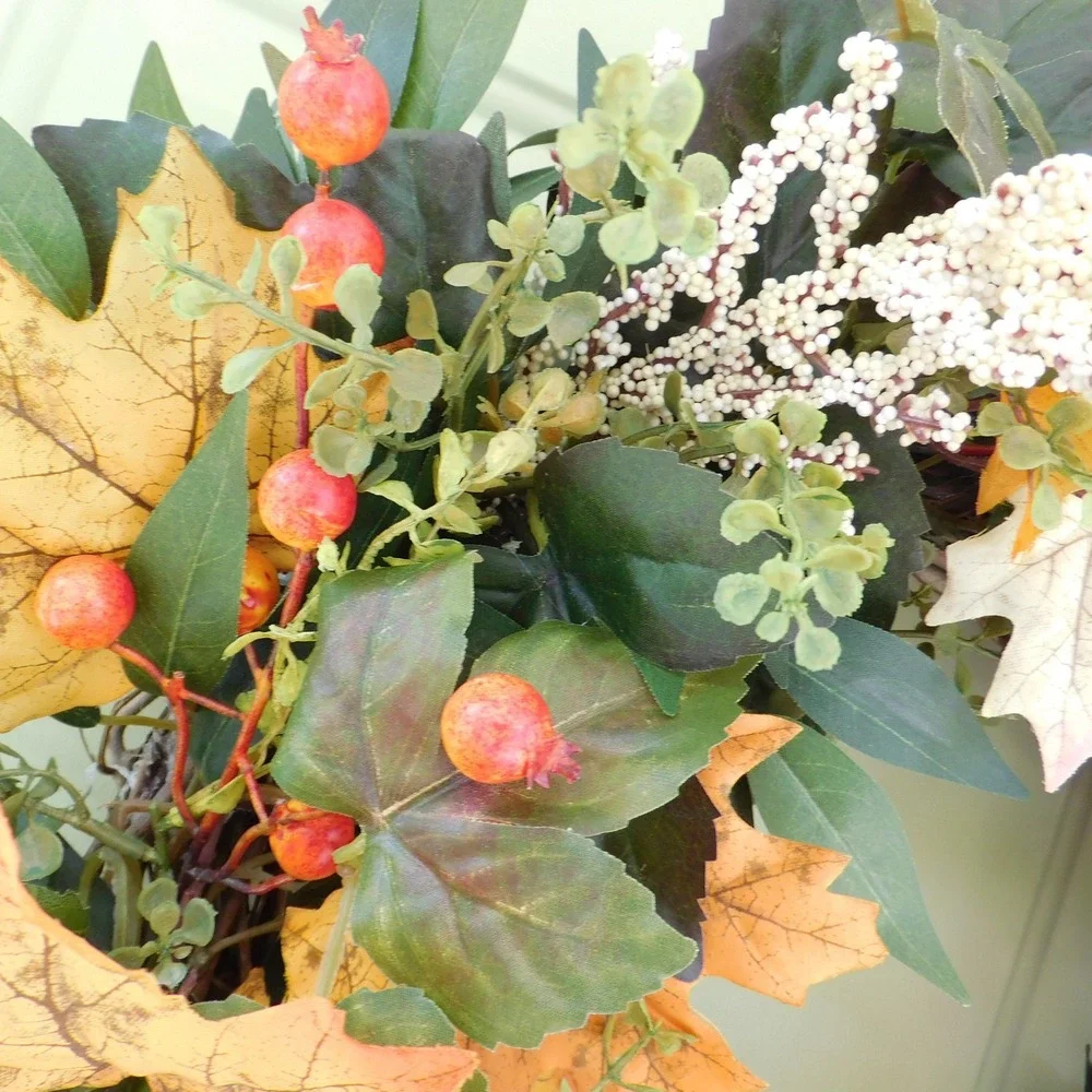 Atrificial Fall Wreath with Autumn Orange hues, Greens, Berries Front Door Decor